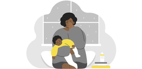 Illustration of a tired African American mother crying